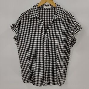 Mustard Seed Button Down Top Size Large Black Cream Gingham Check Ruffle Sleeve